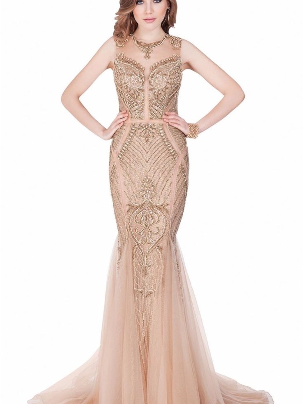 LARA Gold Beaded Illusion Mermaid Prom Dress